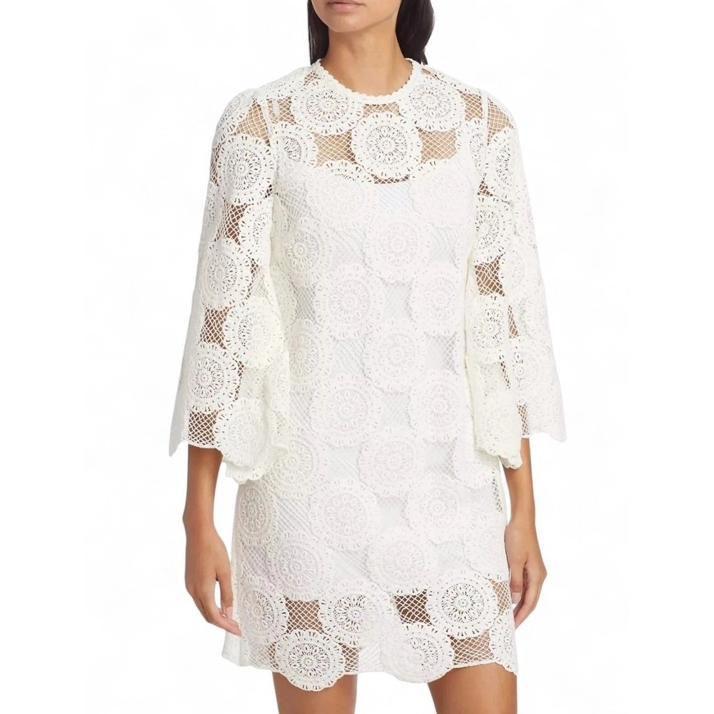 Zimmermann Junie Ivory Crochet Lace Tunic Mini Dress Resort 3/L/10 Bridal Boho - Picture 7 of 9